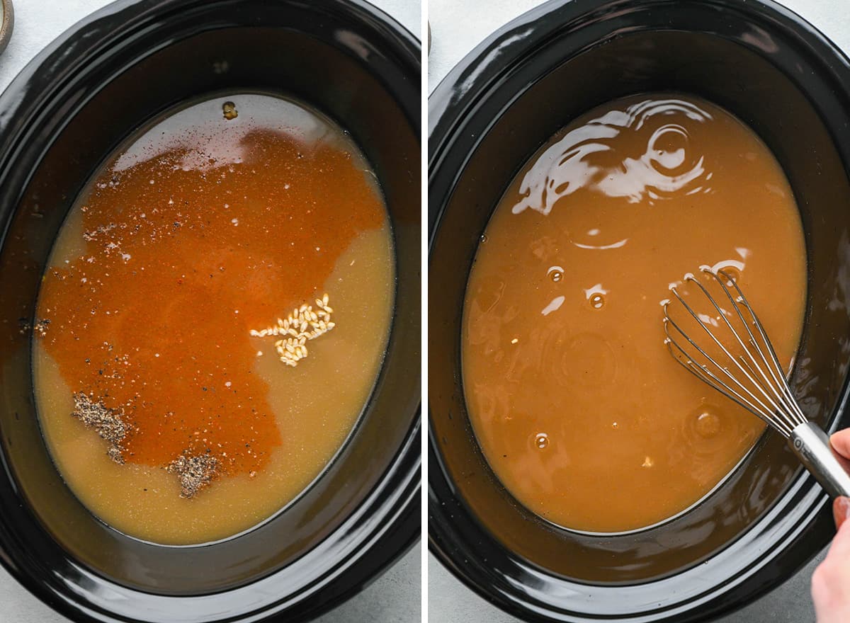 two photos showing how to make Beef and Barley Soup - whisking ingredients in a slow cooker