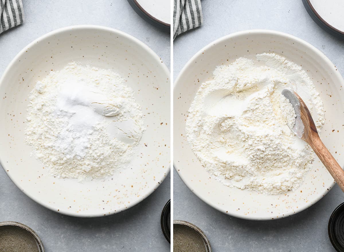 two photos showing How to Make Brown Butter Chocolate Chip Cookies - combining dry ingredients