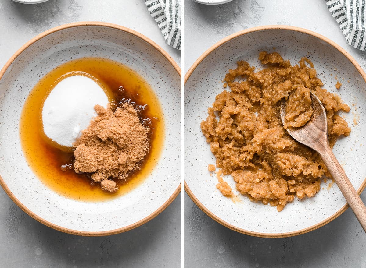 two photos showing How to Make Brown Butter Chocolate Chip Cookies - combining butter and sugars