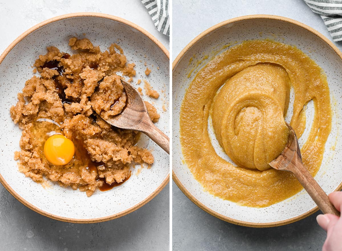 two photos showing How to Make Brown Butter Chocolate Chip Cookies - adding egg and vanilla