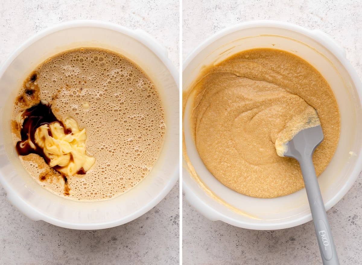 two photos showing how to make Brownie Pie - adding butter and vanilla