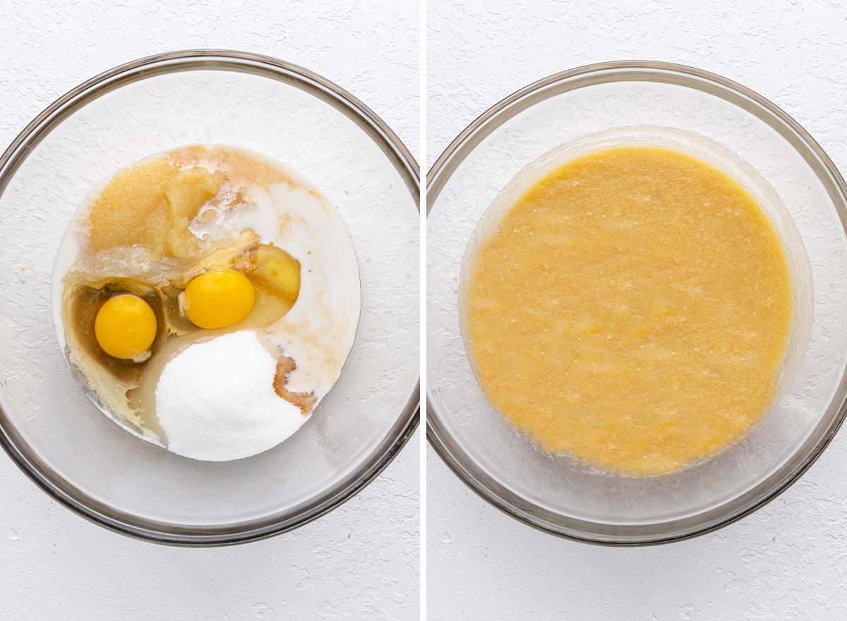 two photos showing How to Make Cinnamon Apple Bread - combining wet ingredients