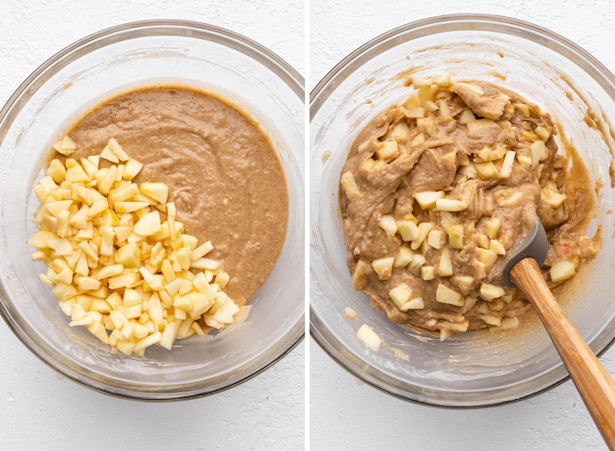 two photos showing How to Make Cinnamon Apple Bread - stirring in apples. 