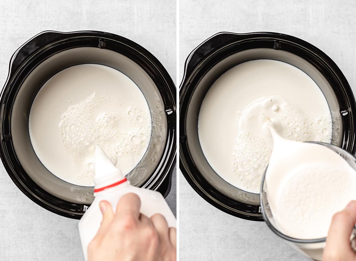 two photos showing How to Make Crock pot Hot Chocolate - pouring milk and cream into the slow cooker