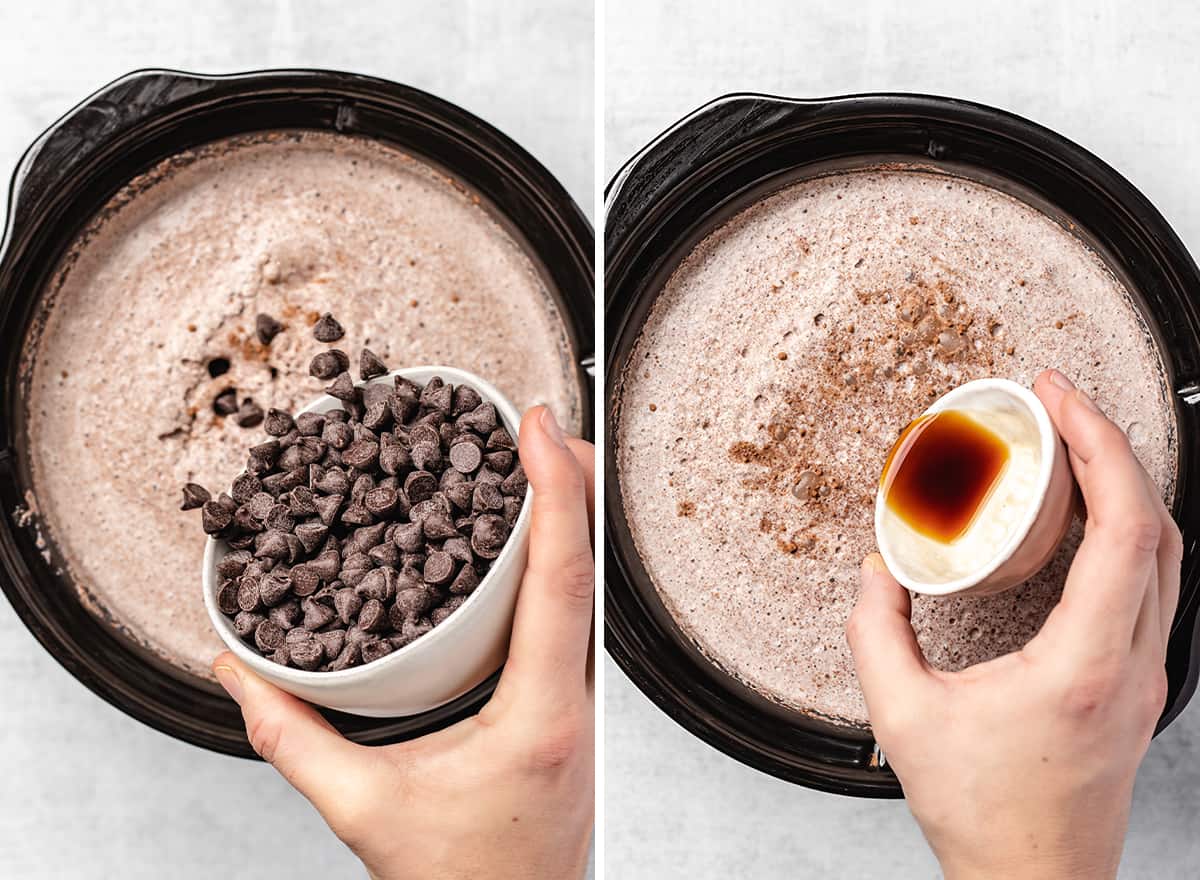 two photos showing How to Make Crock pot Hot Chocolate - adding chocolate chips and vanilla to the crockpot