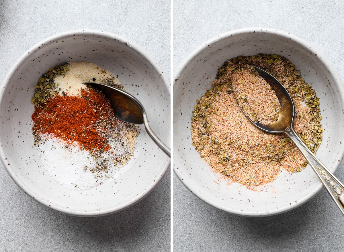 two photos showing how to make the rub for Spinach Stuffed Chicken Breasts