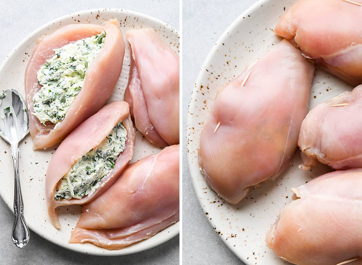 two photos showing filling chicken breasts with spinach & cheese filling