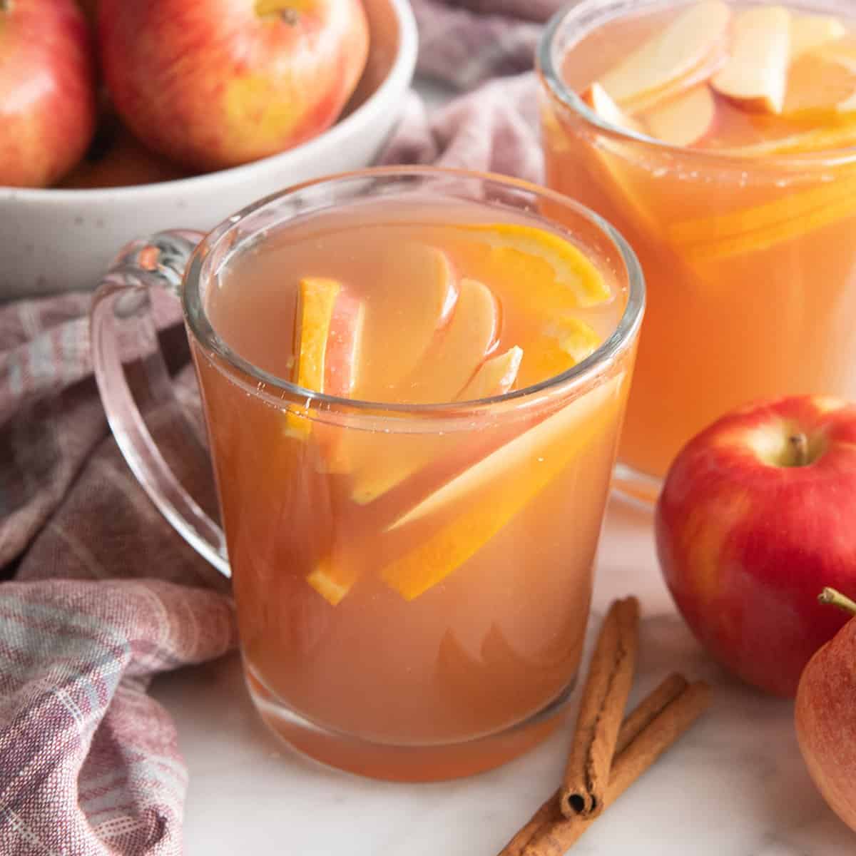 two glass mugs filled with Apple Cider and orange and apple slices