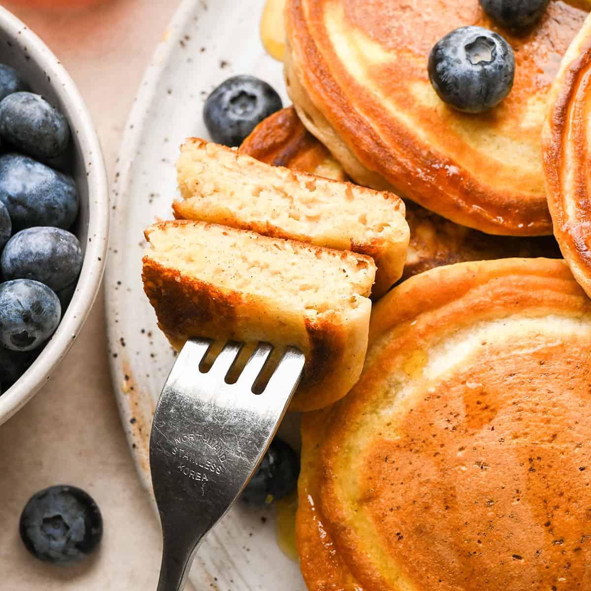 up close view of a bite of pancakes made with Homemade Pancake Mix