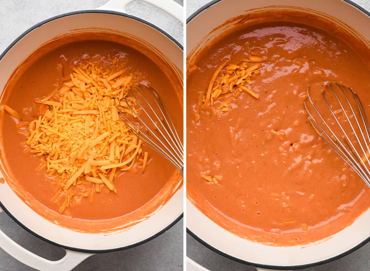 two photos showing whisking cheese into this Homemade Spaghetti Os  sauce