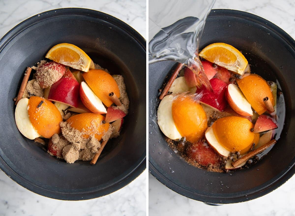 two photos showing How to Make Apple Cider - adding ingredients to crockpot