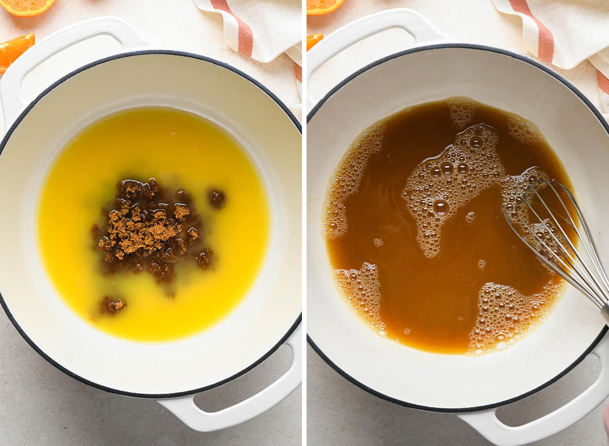 two photos showing how to make cranberry sauce - whisking sugar, orange juice and water 