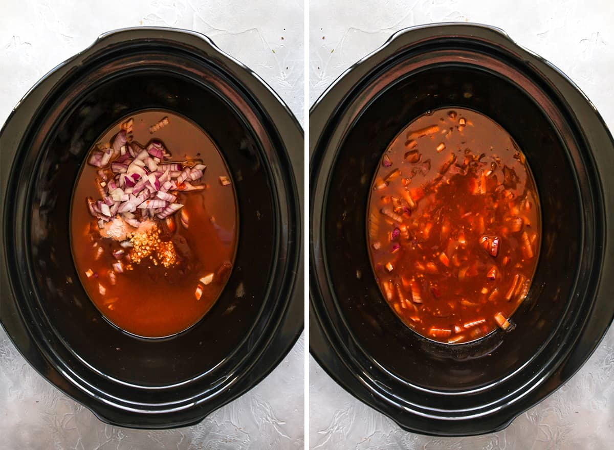 two overhead photos showing How to Make Crockpot BBQ chicken