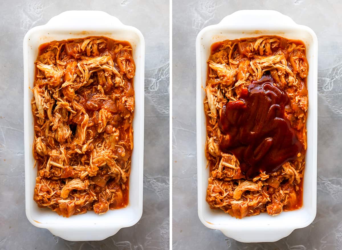 two overhead photos showing How to Make Crockpot BBQ chicken