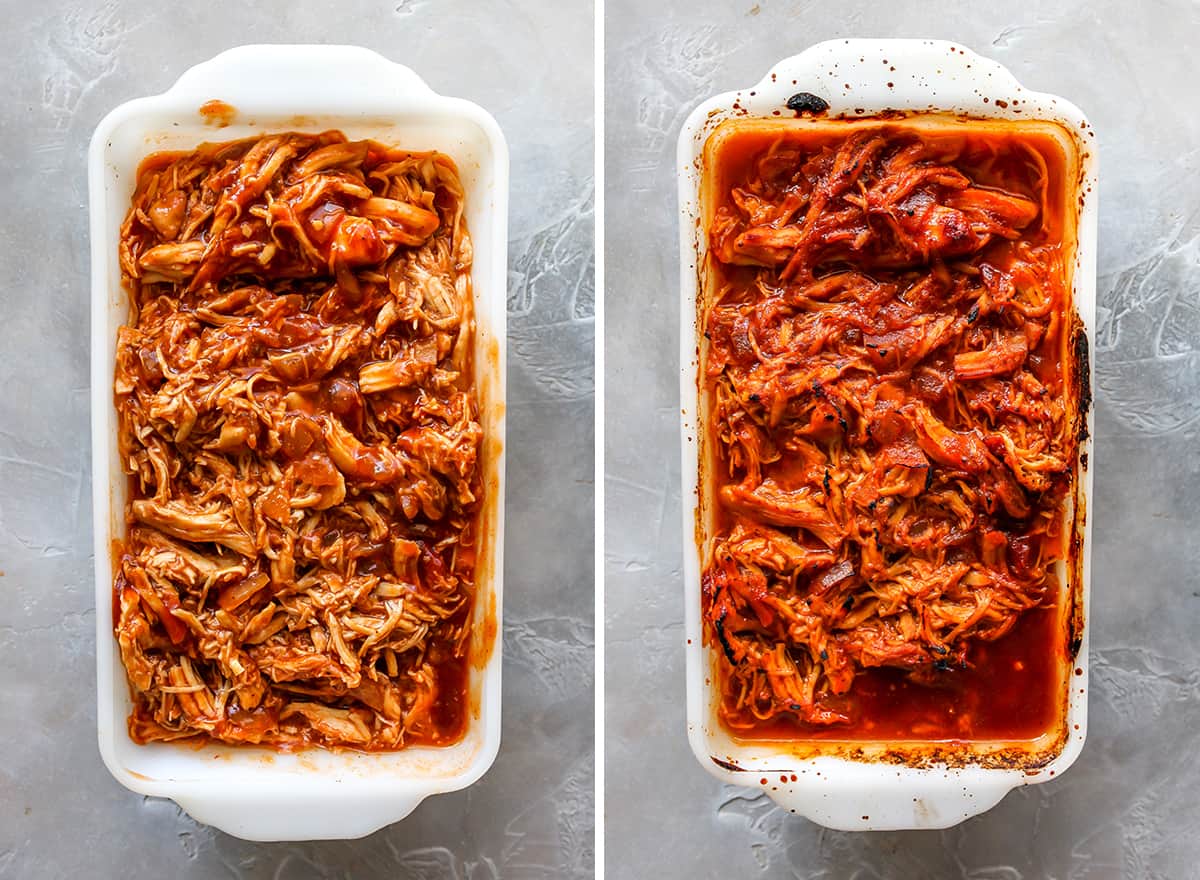 two overhead photos showing How to Make Crockpot BBQ chicken