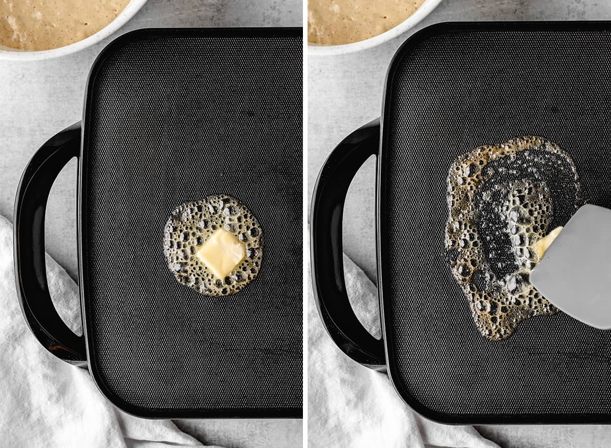 butter being melted onto a skillet to make french toast