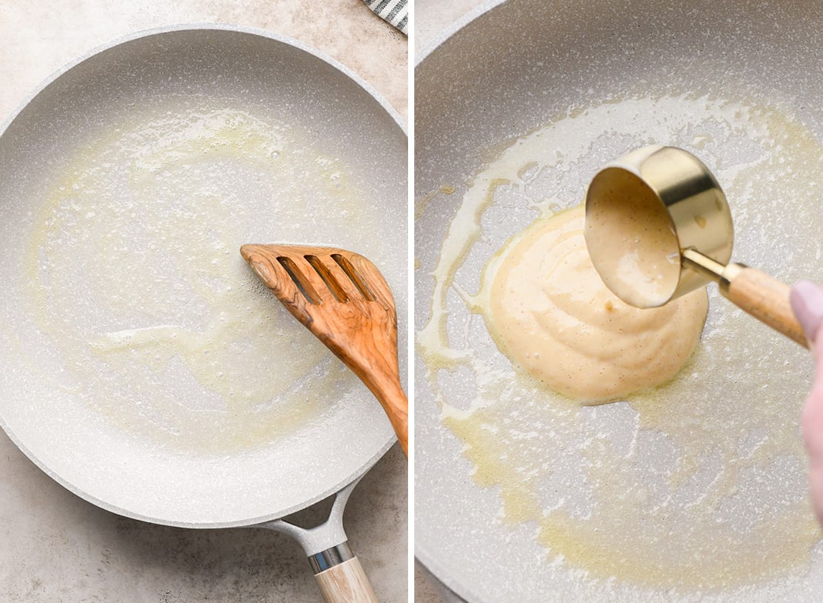 two photos showing how to make pancakes with homemade pancake mix