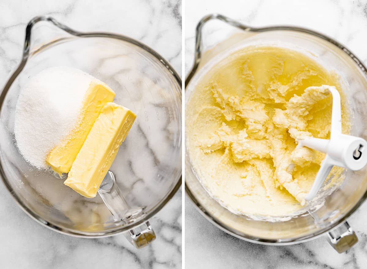 two photos showing How to Make Shortbread Cookies - beating butter and sugar