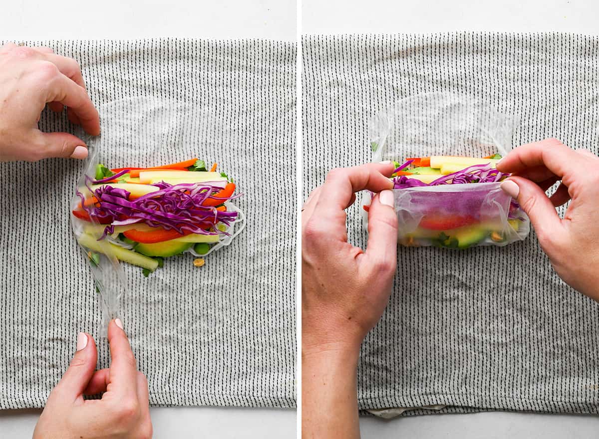 two photos showing How to Make Spring Rolls - wrapping and rolling the spring rolls