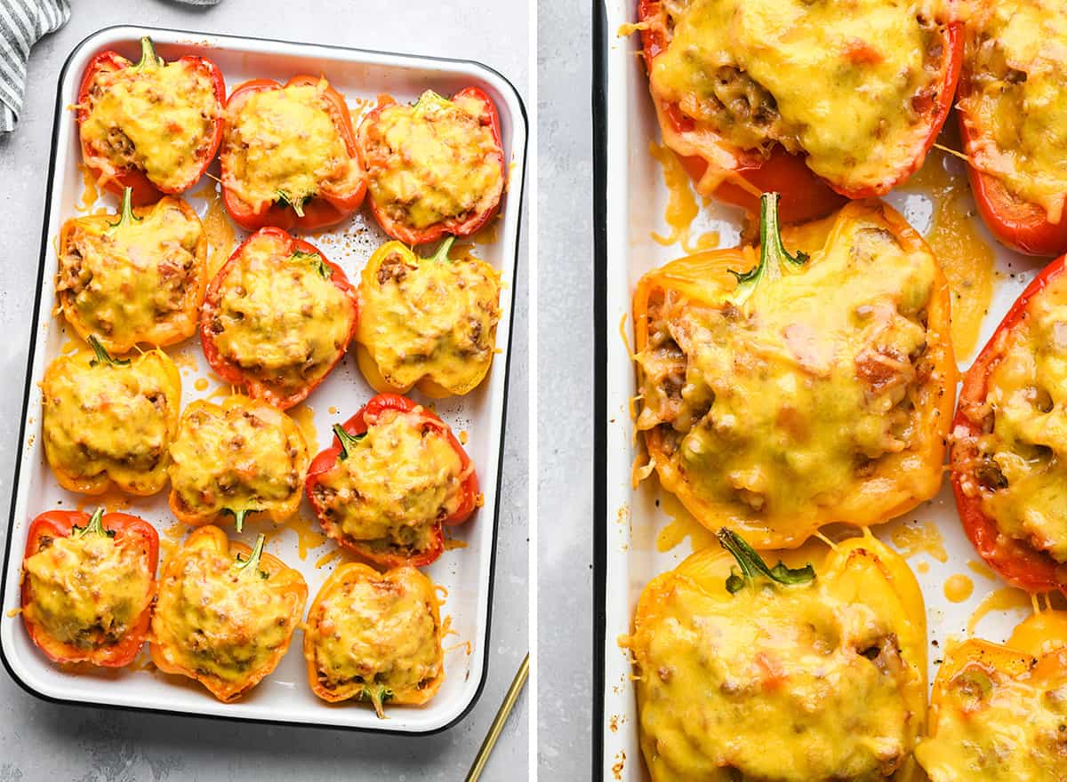 two photos showing stuffed peppers after baking