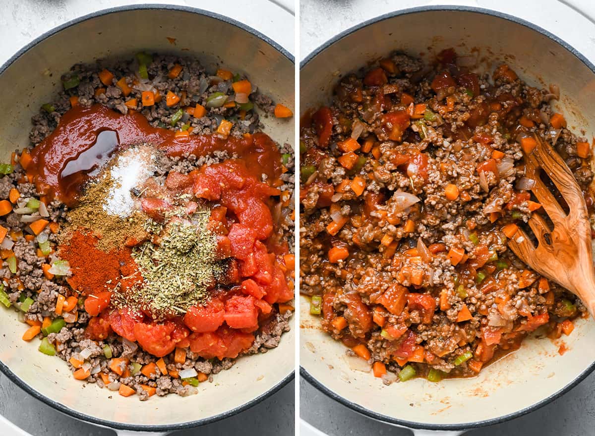 two photos showing How to Make Stuffed Peppers filling