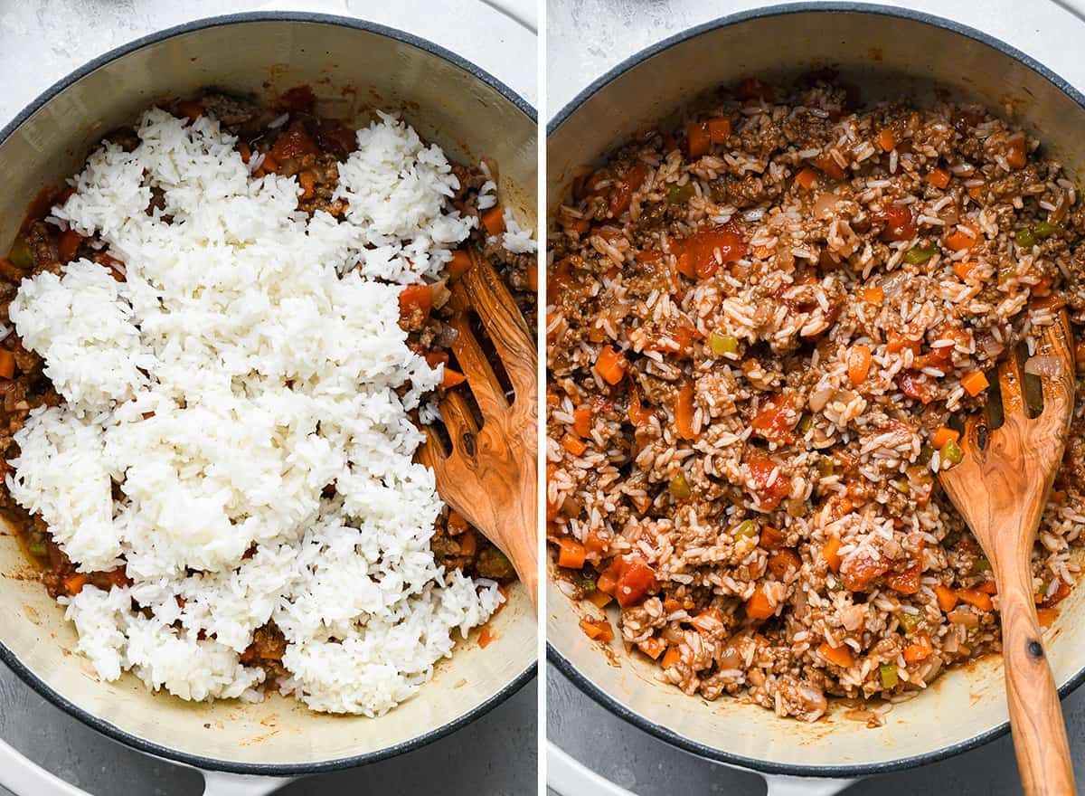 two photos showing How to Make Stuffed Peppers filling