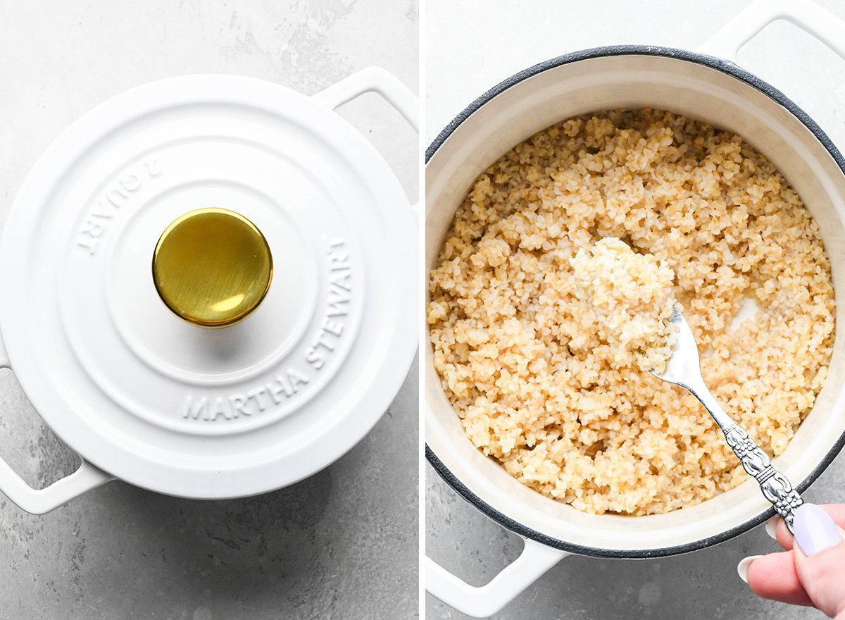 two photos showing How to Make Tabouli - cooking bulgur wheat