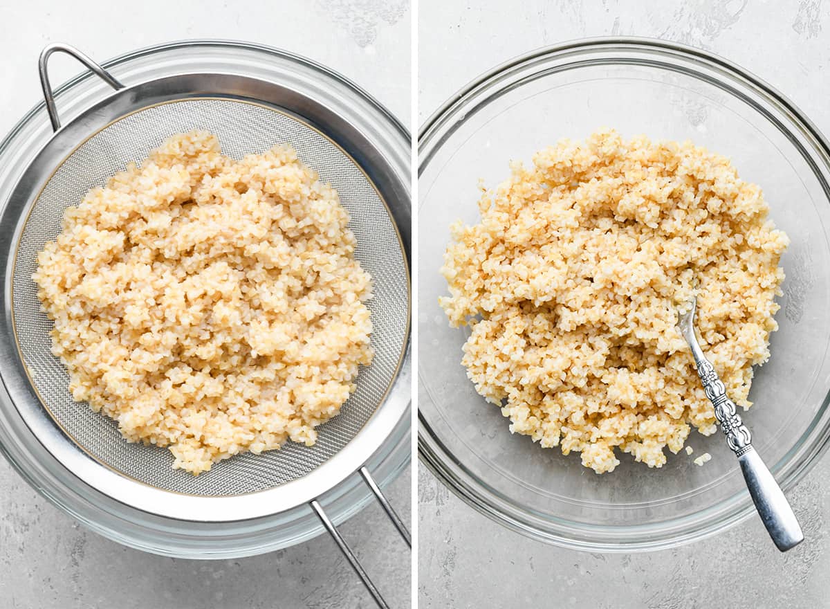 two photos showing How to Make Tabouli - cooking bulgur wheat