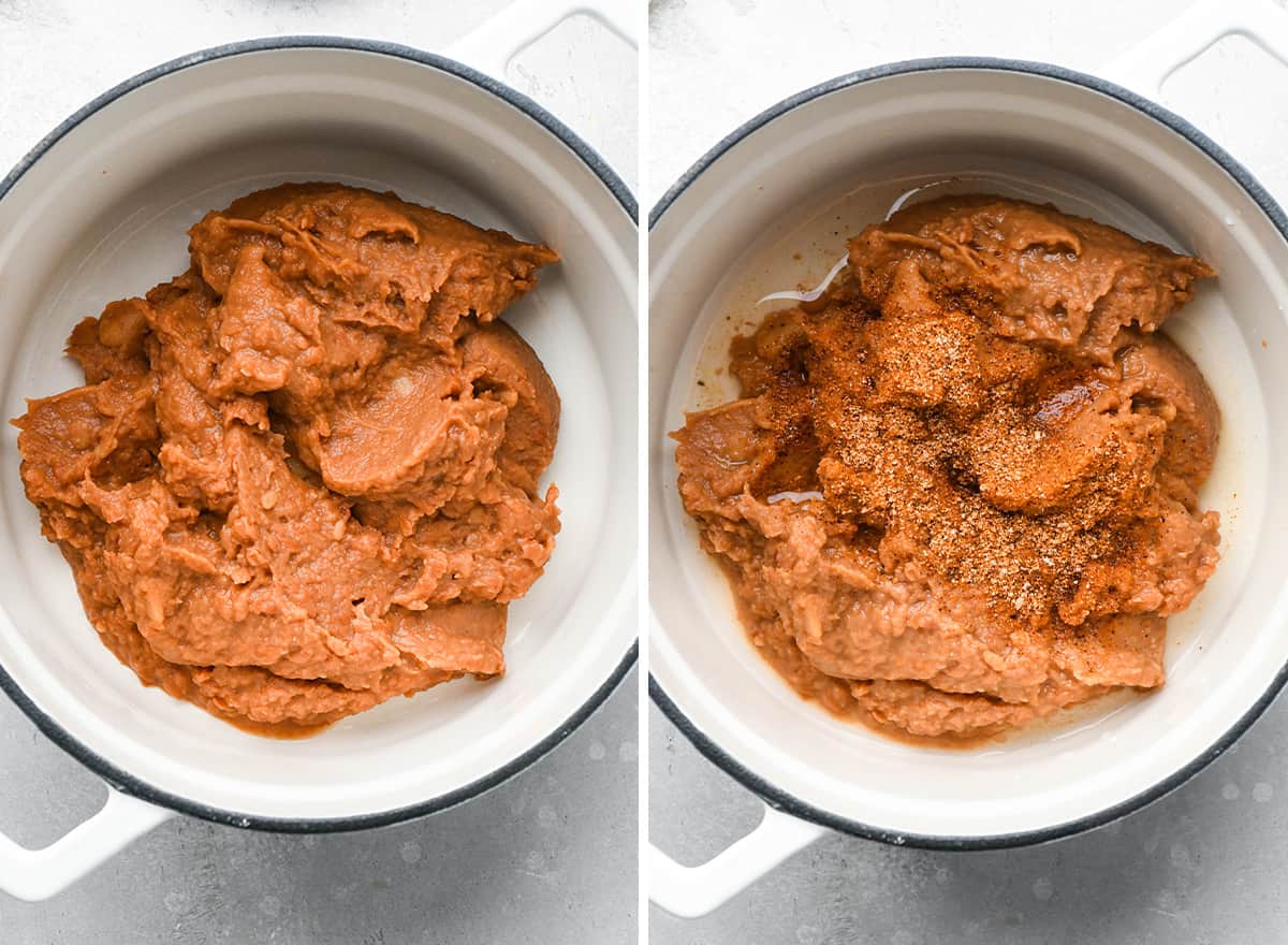 two photos showing warming the refried beans to make this Mexican 7 Layer Dip Recipe