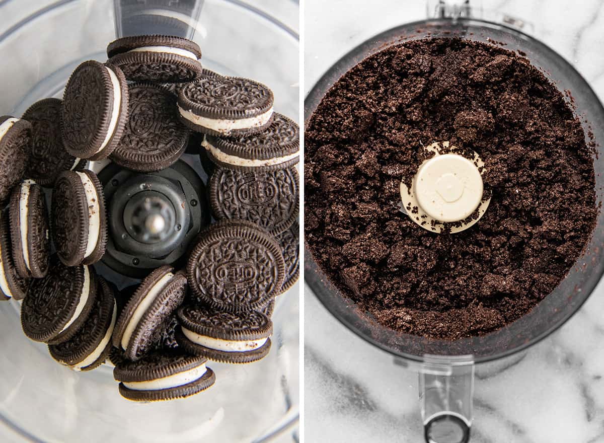 two photos showing how to make an Oreo crust for no bake chocolate cheesecake