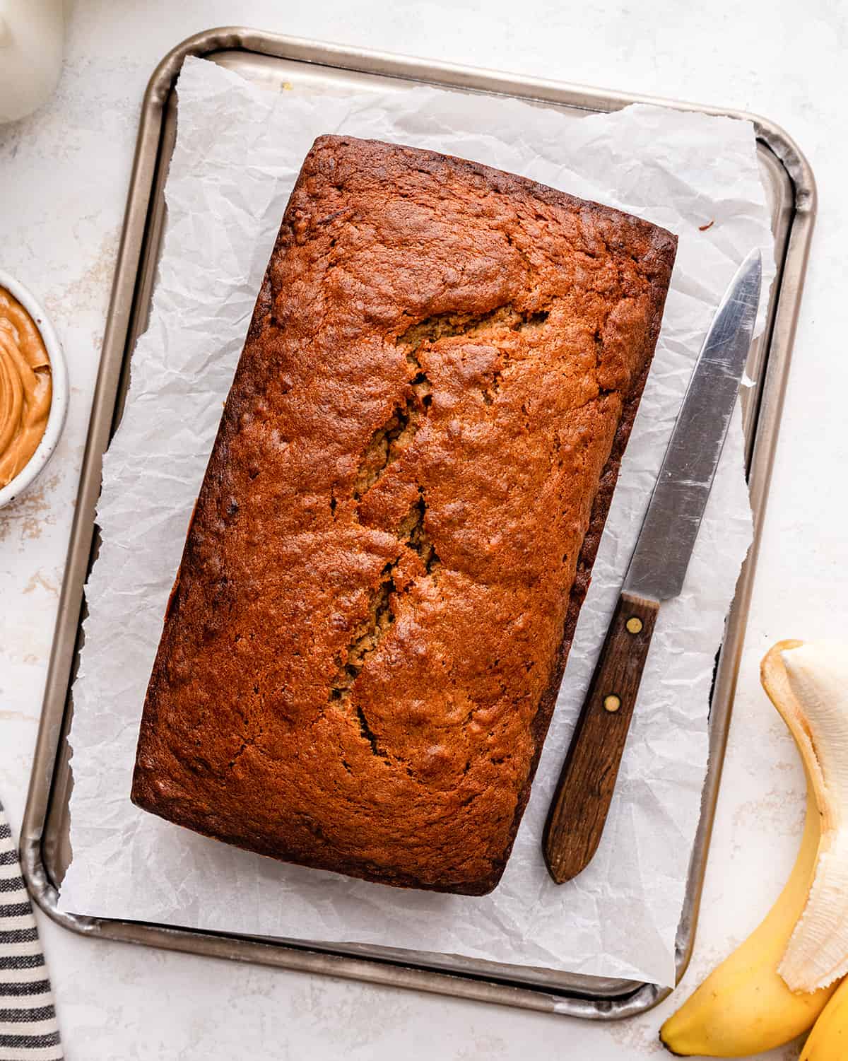 overhead view of a loaf of Peanut Butter Banana Bread