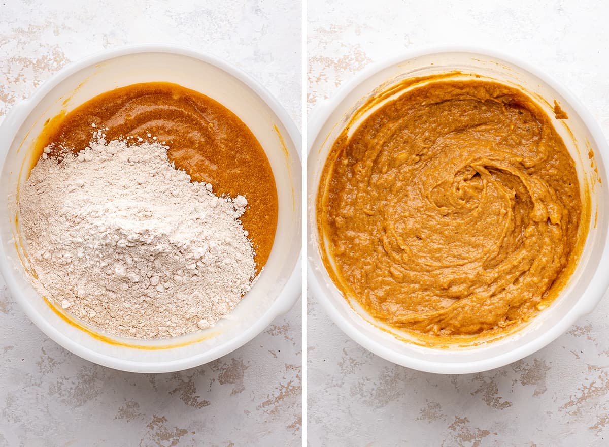 adding dry ingredients to the wet ingredients in pumpkin banana bread batter