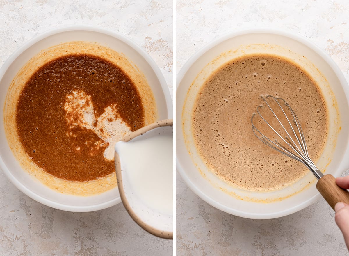 two photos showing adding milk to the Pumpkin French Toast mixture