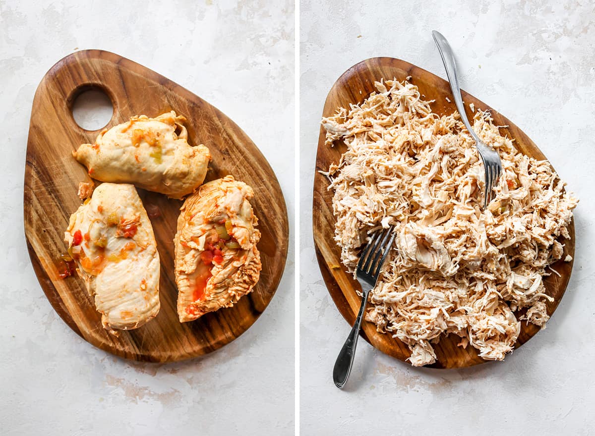 two photos showing how to make slow cooker white chicken chili - shredding the chicken