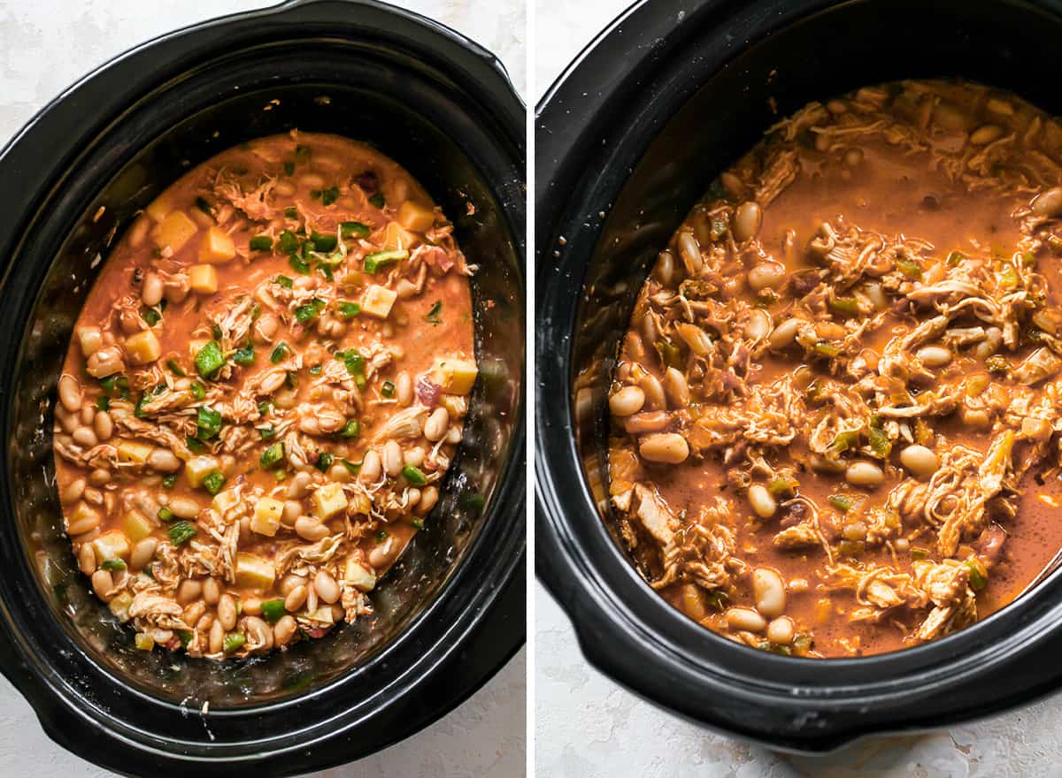 two photos showing how to make slow cooker white chicken chili