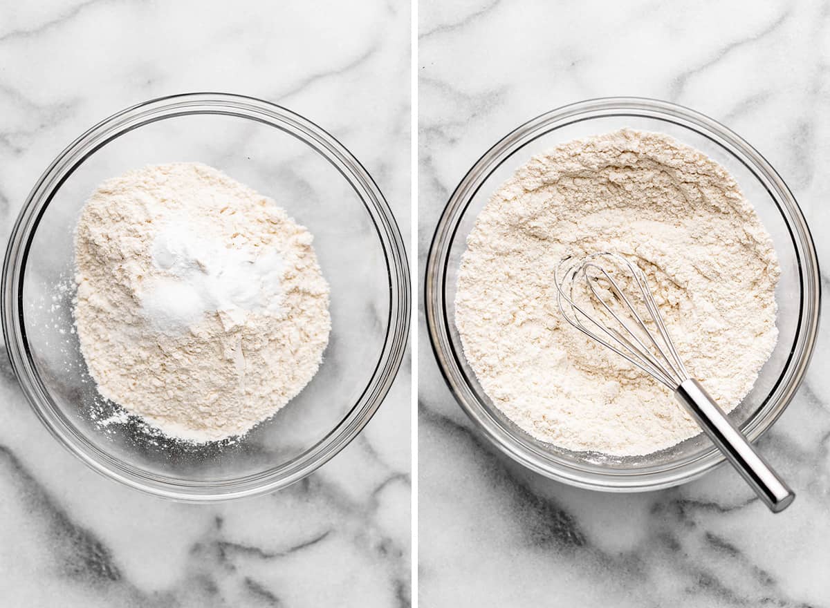 two photos showing how to make small batch chocolate chip cookies - combining dry ingredients