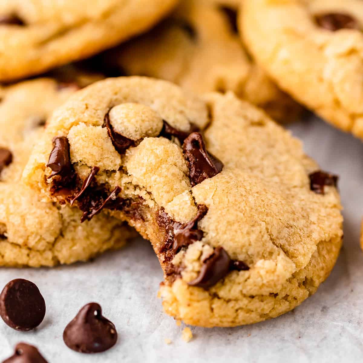 a Small Batch Chocolate Chip Cookie with a bite taken out of it