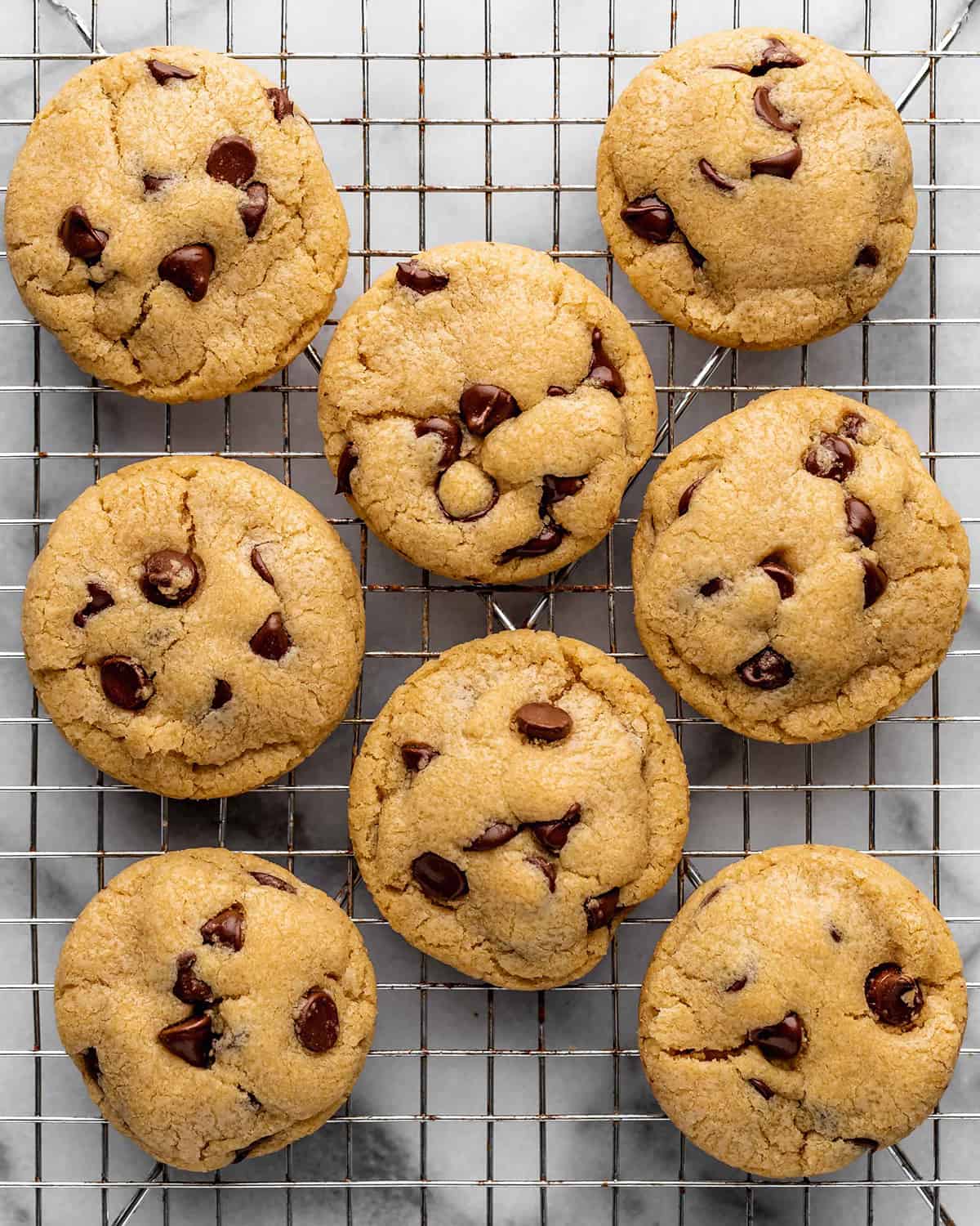 8 Small Batch Chocolate Chip Cookies on a wire cooling rack