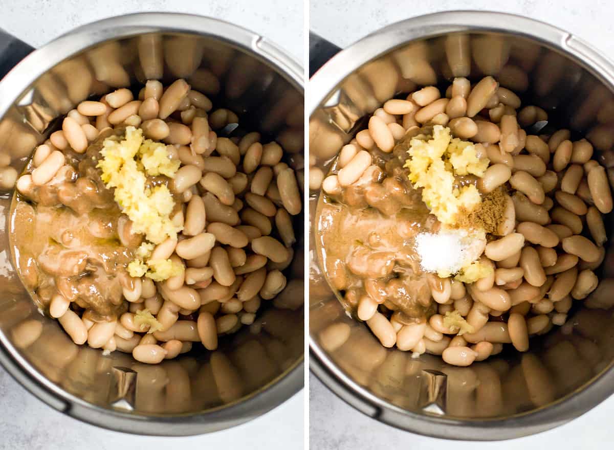 two photos showing how to make White Bean Hummus in a blender